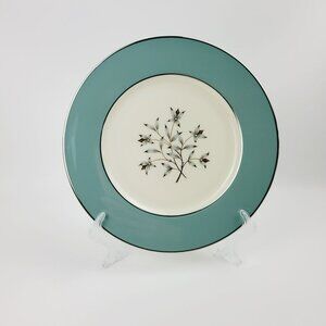 Lenox Kingsley Dinner Plate Teal Band Platinum Trim Floral Center c.1954-79 USA